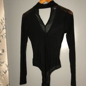 Forever 21 Mesh Deep V Black Bodysuit